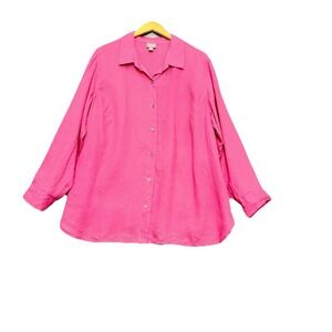 J Jill 100%‎ Linen Button Front Tunic Top Long Slv Size 1X Pink Beachy Resort